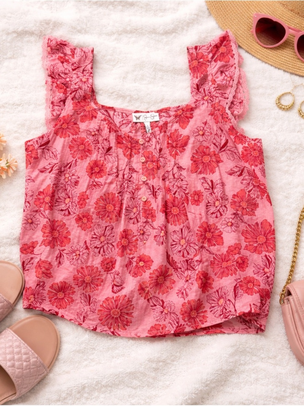 Jessica Simpson Pink Floral Ruffle Strap Camisole